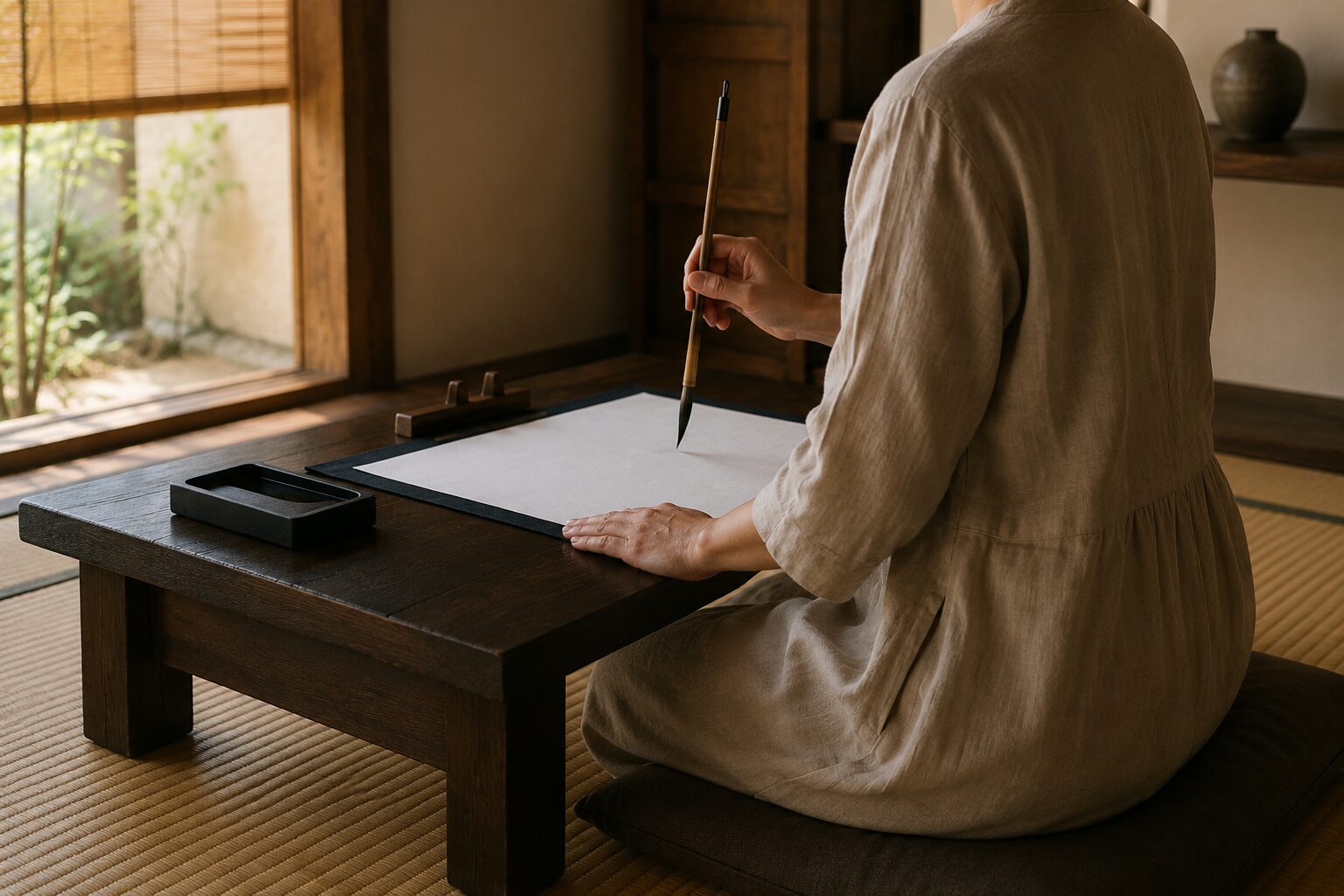 背筋を伸ばして机に向かい、筆を垂直に持つ正しい書道の姿勢