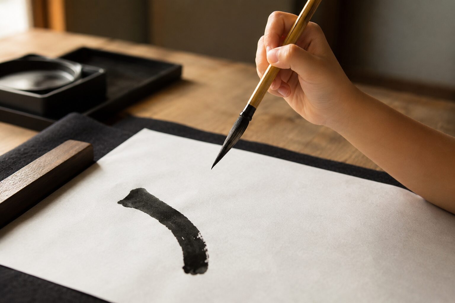 筆を持って次の一画を考える子どもの手元