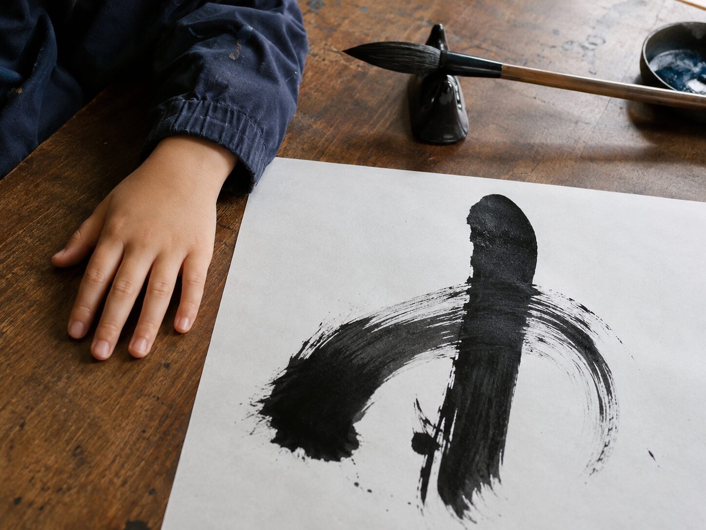 書き終えた半紙の横に静かに置かれた子どもの手と筆