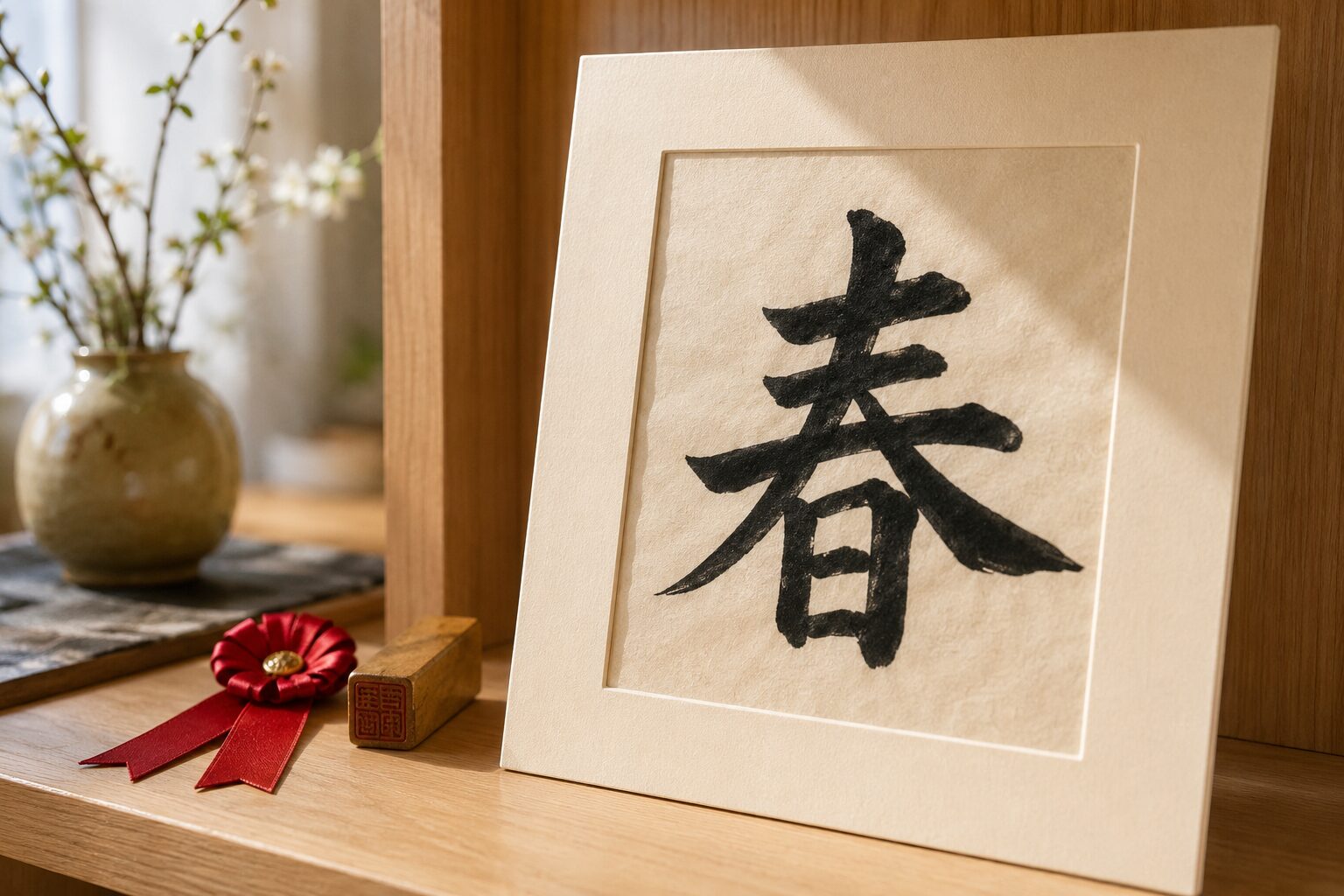 家の棚に飾られた子どもの書道作品「春」と認定証のリボン
