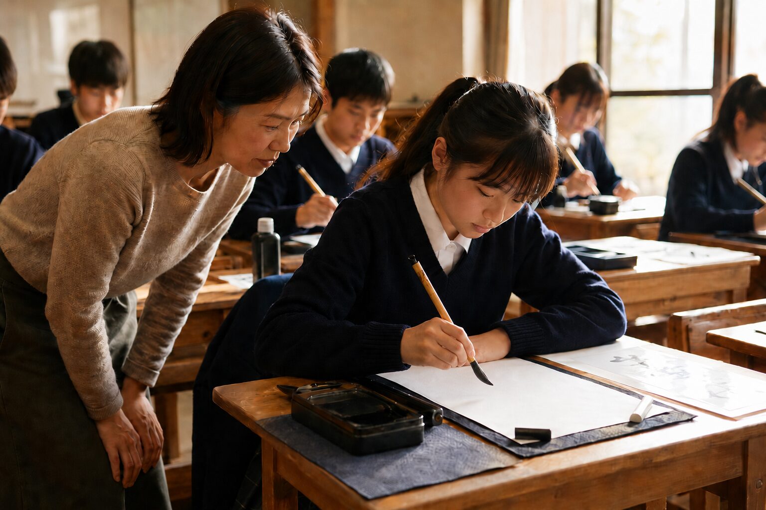 子どもが筆で書いた一画を、先生が朱筆を持って添削しようとしている手元