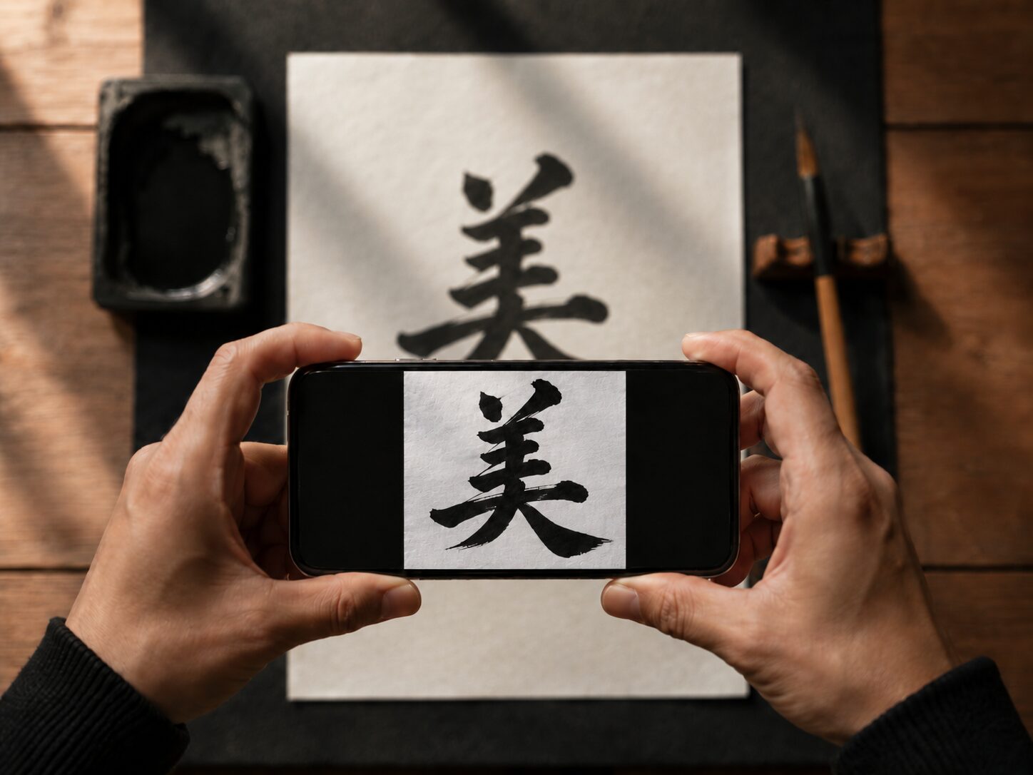 スマートフォンで書道作品を撮影している手元