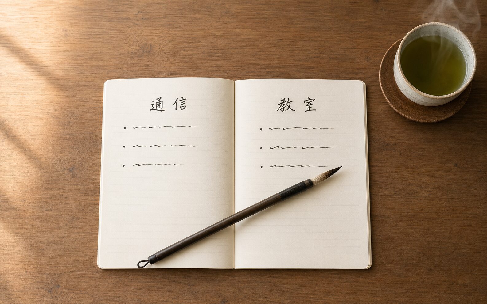 机の上に並んだ通信教育の教材と書道道具、中央に湯気の立つお茶
