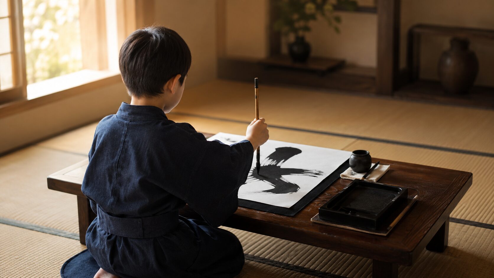 背筋を伸ばし、筆を垂直に持って集中して書道に向かう子どもの後ろ姿