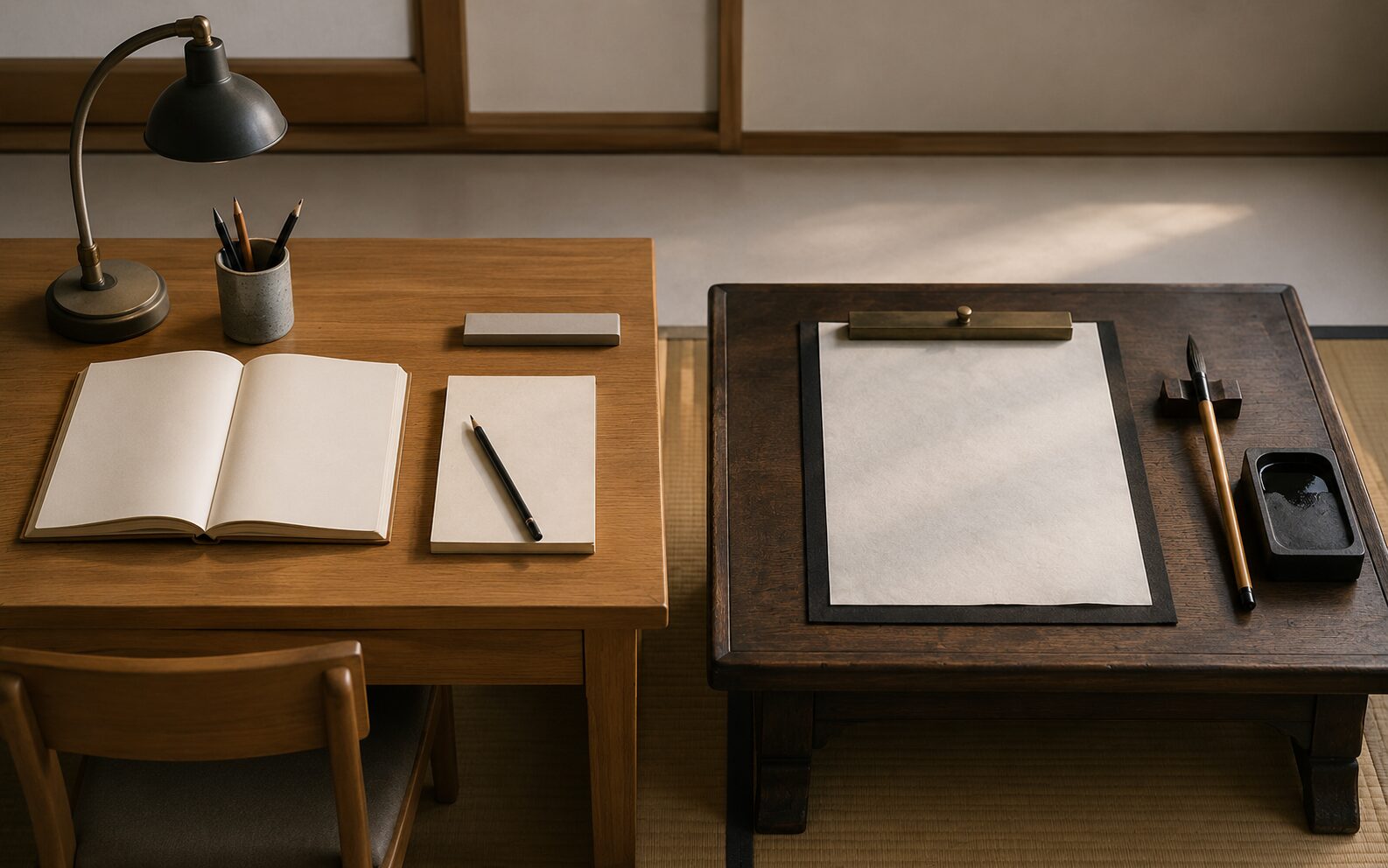 勉強机と書道机を並べて比較した俯瞰の構図