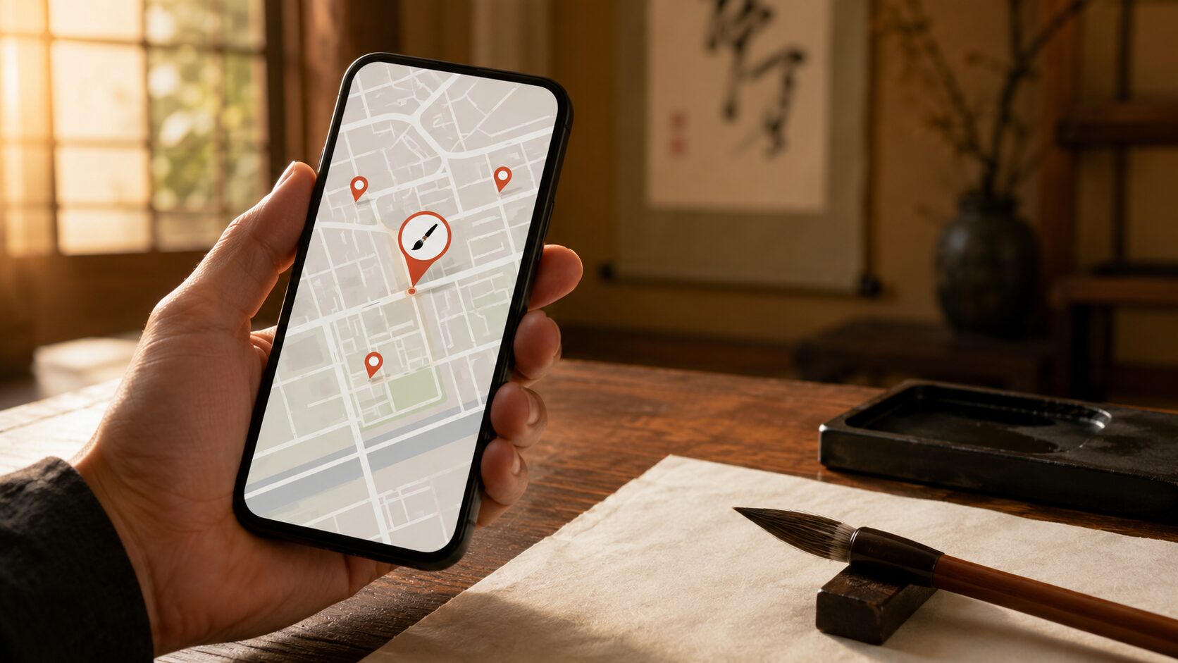 スマホで地図を確認しながら書道教室を探すイメージ