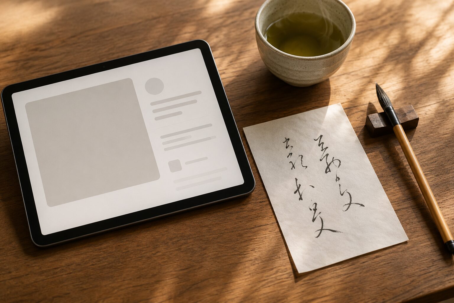 タブレットで投稿内容を準備する書道教室の机