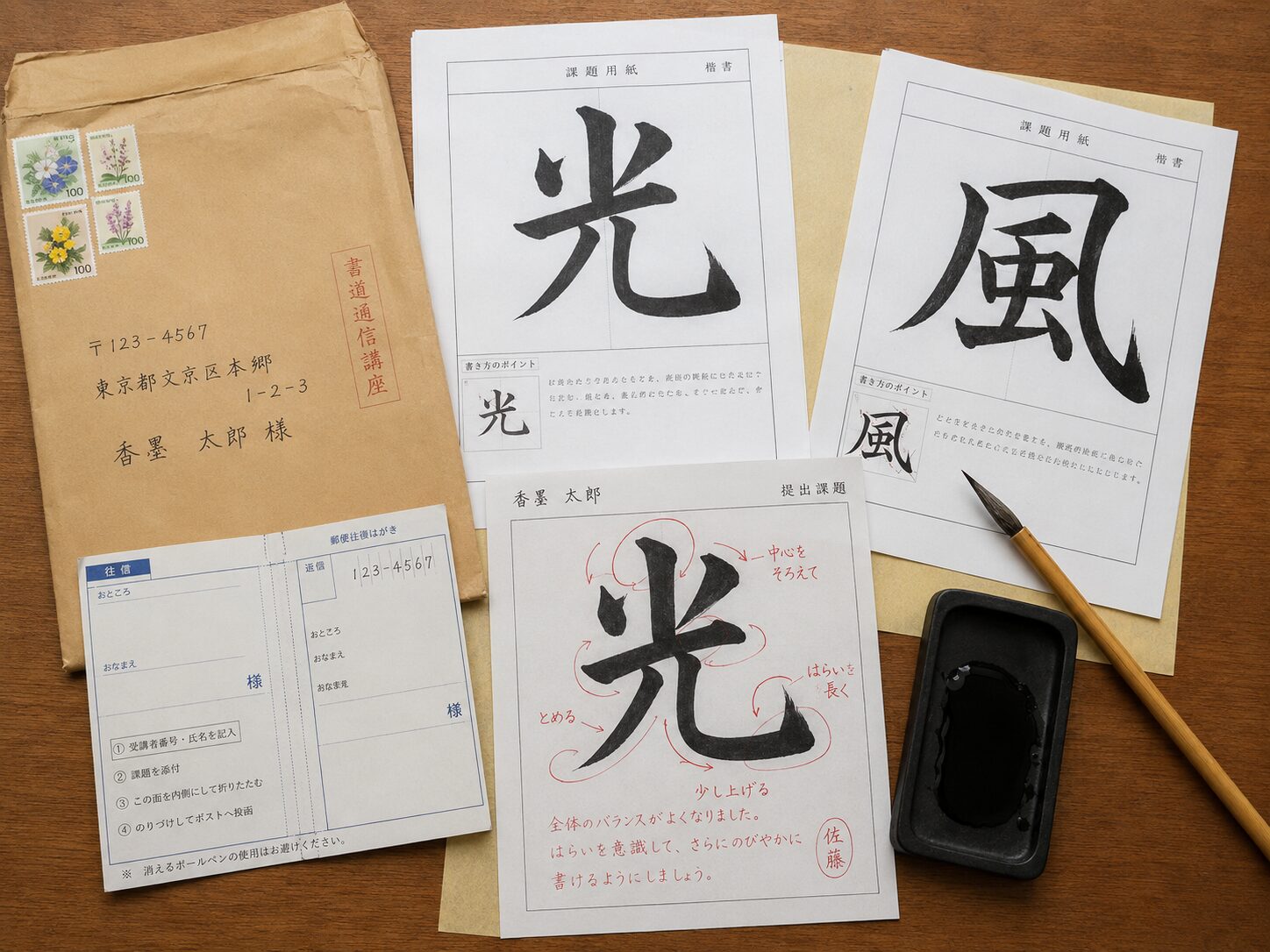 通信教育の教材一式:練習シート、添削済みの作品、封筒、筆と硯