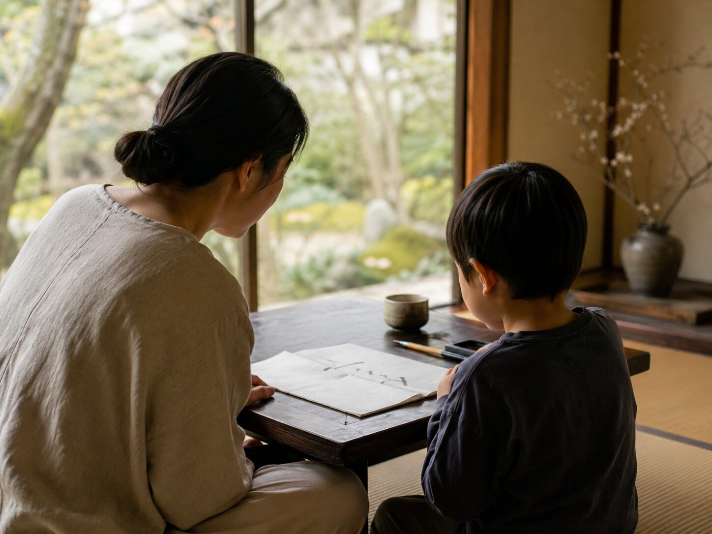 親子で並んで座り、子どもの話に耳を傾ける場面