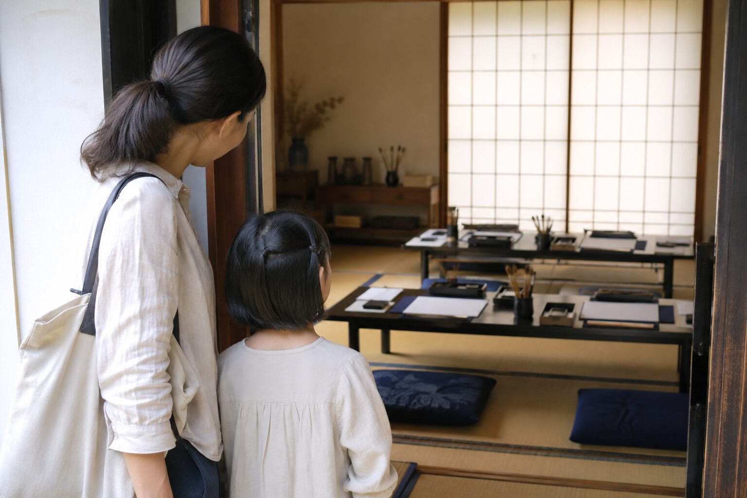 親子で書道教室を見学している後ろ姿