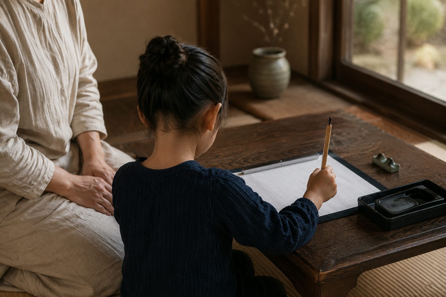 子どもの書道を静かに見守る親の手元