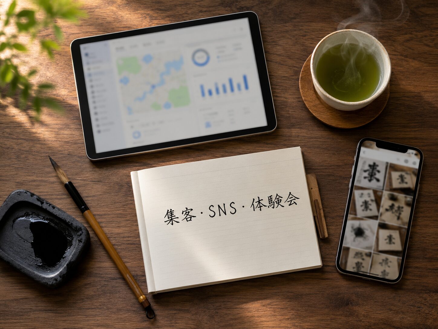 集客の計画を立てる書道教室の指導者の机:ノートとタブレット、筆と硯