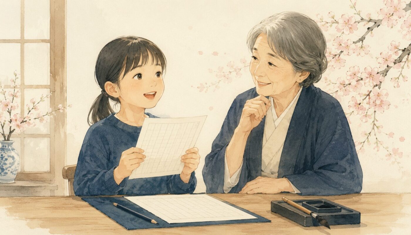 硬筆のお手本を手に、指導者の前で俳句を暗唱する子どものイラスト