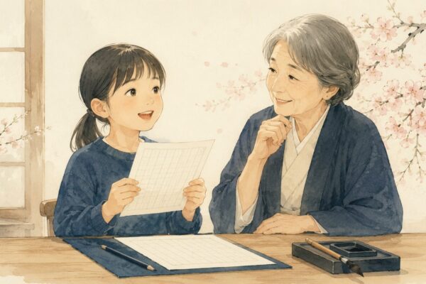 硬筆のお手本を手に、指導者の前で俳句を暗唱する子どものイラスト