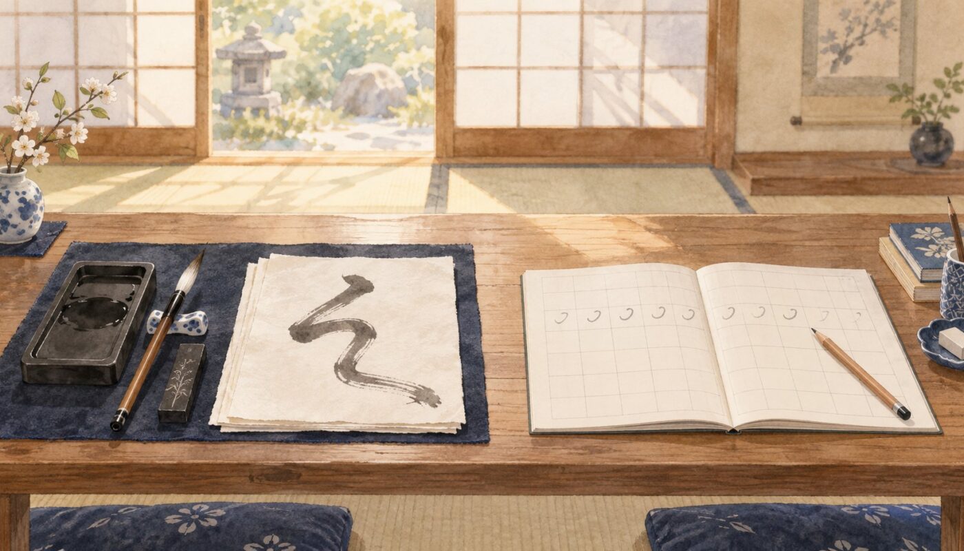 書道と習字の違い。筆と硯の書道道具と、鉛筆と練習帳の習字道具を並べた水彩画